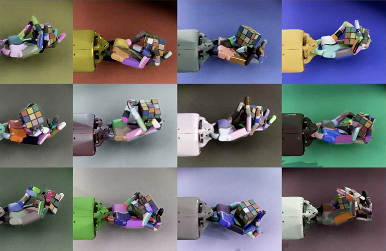 series of images of a robot hand holding a rubics cube.