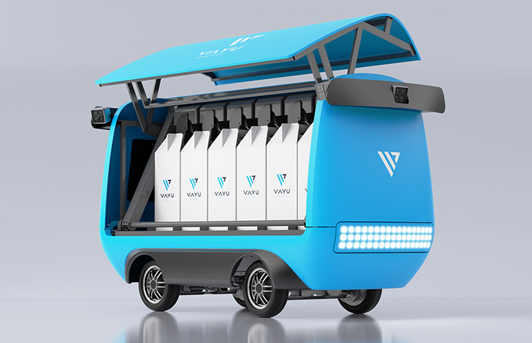 World's first automatic cargo unloading mechanism on Vayu's delivery robots.