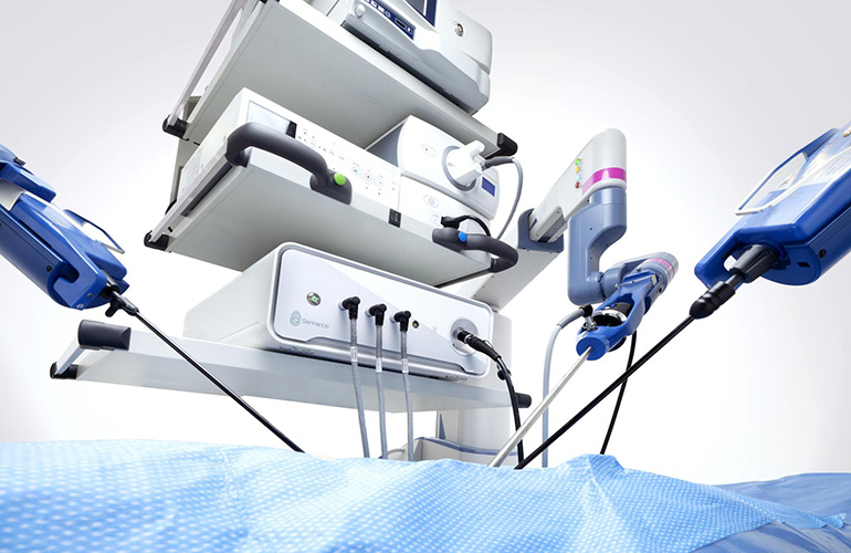 stylized image of an Asensus ISU 1 robotic surgery system.